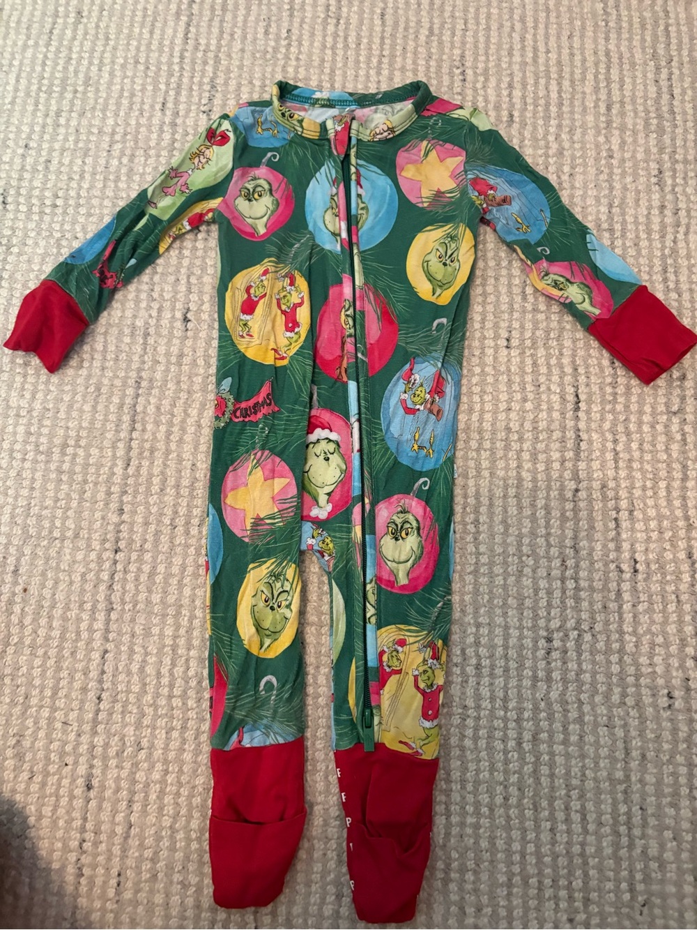 Posh Peanut Green Grinch Print Kids One-Piece Pajamas with Red Cuffs